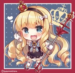 Rule 34 | 1girl, :d, azur lane, blonde hair, blue background, blue eyes, blush, border, bow, chibi, commentary, crown, drill hair, fang, full body, gloves, hair bow, hairband, heart, holding, long hair, looking at viewer, mini crown, open mouth, queen elizabeth (azur lane), red border, smile, solo, suzunone rena, twitter username, very long hair, white bow, white gloves