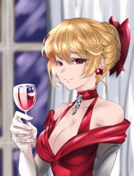 Rule 34 | 1girl, bare shoulders, blonde hair, breasts, choker, cleavage, collarbone, cup, curtains, dress, drinking glass, earrings, female focus, gloves, granblue fantasy, hair between eyes, hair bun, hair ornament, hair up, highres, holding, holding cup, jewelry, large breasts, looking at viewer, nabeji (wata nb), official alternate costume, official alternate hairstyle, red dress, red eyes, red wine, single hair bun, smile, solo, upper body, vira (granblue fantasy), white gloves, window, wine glass