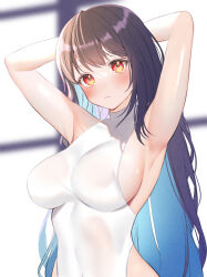 Rule 34 | 1girl, armpits, arms behind head, arms up, bare arms, bare shoulders, black hair, blue hair, blurry, blurry background, blush, breasts, closed mouth, commentary request, covered erect nipples, covered navel, day, depth of field, highres, leotard, long hair, looking at viewer, medium breasts, multicolored hair, original, red eyes, sideboob, solo, sunlight, two-tone hair, very long hair, white leotard, window, yuraiko