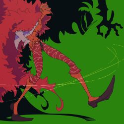 Rule 34 | 1boy, capri pants, coat, donquixote doflamingo, earrings, ebidenai, feather coat, full body, green background, grin, hand on own hip, highres, jewelry, leg hair, male focus, muscular, muscular male, one piece, open clothes, pants, pink coat, shadow, shirt, smile, sunglasses, teeth, thread, tongue, tongue out, toon (style), walking, white shirt