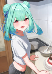 Rule 34 | 1girl, absurdres, alternate costume, arm support, blue hair, blue ribbon, blush, bowl, breasts, cake, casual, cowboy shot, cream, door, double bun, food, fruit, gradient hair, green hair, grey pants, hair between eyes, hair bun, hair intakes, hair ribbon, highres, hololive, icing, indoors, leaning forward, leaning on table, looking at viewer, looking back, maneromin, medium hair, multicolored hair, open mouth, pants, pot, red eyes, ribbon, shirt, small breasts, smile, solo, spoon, stove, strawberry, t-shirt, tile wall, tiles, uruha rushia, virtual youtuber, white shirt