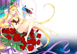 Rule 34 | 1girl, alternate costume, bare arms, bare legs, bare shoulders, barefoot, bead bracelet, beads, bikini, blonde hair, bouquet, bow, bracelet, breasts, cherry, cleavage, copyright name, cup, drinking glass, english text, flower, food, fruit, full body, gradient background, gradient hair, hair bow, hair ribbon, holding, holding cup, holding drinking glass, jewelry, leg lift, legs up, long hair, looking at viewer, md5 mismatch, medium breasts, mini person, minigirl, multicolored hair, orange (fruit), orange slice, parted lips, pearl bracelet, pink hair, red bikini, red flower, red ribbon, red rose, resolution mismatch, ribbon, roh nam kyung, rose, sitting, smile, solo, space, swimsuit, text focus, touhou, very long hair, wisteria, yakumo yukari, yellow eyes