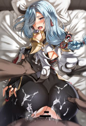 Rule 34 | 1boy, 1girl, ass, ass focus, ass grab, bar censor, bed sheet, bedroom, blue eyes, blue hair, blush, bodysuit, braid, breasts, censored, clothed sex, cum, cum on ass, cum on clothes, doggystyle, fingerless gloves, genshin impact, gloves, hair ornament, hair over one eye, hetero, highres, hip vent, lhu (barappra1), long hair, looking at viewer, looking back, on bed, open mouth, pillow, pov, sex, sex from behind, sheet grab, shenhe (genshin impact), torn bodysuit, torn clothes