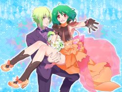 Rule 34 | 1boy, 1girl, ahoge, ai-kun, alternate costume, black gloves, bow, bowtie, brera sterne, brother and sister, carrying, cero (cerocero), cleavage cutout, clothing cutout, dress, flower, formal, gloves, green hair, high heels, highres, looking at viewer, macross, macross frontier, nail polish, official style, open mouth, orange dress, outstretched arm, princess carry, ranka lee, red eyes, see-through, short hair, siblings, smile, sparkle, tuxedo