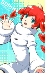 Rule 34 | 1girl, absurdres, blue background, blue eyes, braid, character name, commentary, dress, heart, heart hair, highres, long hair, long sleeves, looking at viewer, open mouth, persona, persona 5, persona 5 scramble: the phantom strikers, red hair, solo, sophia (p5s), sweater, sweater dress, symbol-shaped pupils, twin braids, two-tone background, upper body, white dress, yellow background, yokaroni