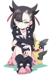 Rule 34 | 1girl, asymmetrical bangs, black choker, black footwear, black hair, black nails, blush, boots, bright pupils, choker, closed mouth, collarbone, commentary, creatures (company), dress, earrings, flipped hair, full body, game freak, gen 8 pokemon, green eyes, hair between eyes, hair ornament, hair ribbon, head tilt, ixy, jacket, jewelry, leather, leather jacket, light frown, long hair, long sleeves, looking at viewer, marnie (pokemon), morpeko, morpeko (full), nail polish, necklace, nintendo, on floor, pink dress, pokemon, pokemon (creature), pokemon swsh, red ribbon, ribbon, simple background, sitting, straight hair, white background, white pupils