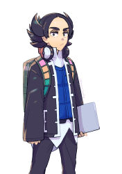 Rule 34 | 1boy, absurdres, black eyes, black hair, black jacket, black pants, blue vest, bright pupils, closed mouth, collared shirt, commentary request, computer, creatures (company), eyeshadow, game freak, giacomo (pokemon), headphones, highres, holding, holding laptop, jacket, laptop, long sleeves, looking at viewer, makeup, male focus, nintendo, nyoripoke, open clothes, open jacket, pants, pointy hair, poke ball print, pokemon, pokemon sv, shirt, simple background, sleeves past wrists, solo, team star, vest, white background, white pupils, white shirt