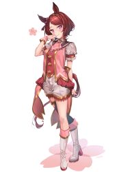 1girl absurdres animal_ears ascot black_thighhighs boots brown_hair cherry_blossoms commentary dated flower_in_eye full_body highres horse_ears horse_girl horse_tail looking_at_viewer parted_bangs pink_ascot puffy_short_sleeves puffy_sleeves purple_eyes sagoromo_04 sailor_collar sakura_laurel_(umamusume) short_hair short_sleeves shorts signature simple_background single_thighhigh smile solo symbol_in_eye tail thighhighs umamusume white_background white_footwear white_shorts wrist_cuffs