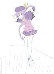 Rule 34 | 00s, 1girl, alternate costume, ankle boots, bad id, bad pixiv id, beret, boots, braid, cropped jacket, eltnum, falling, hat, long hair, melty blood, necktie, pleated skirt, purple eyes, purple hair, single braid, sion eltnam atlasia, sketch, skirt, solo, sweater, thighhighs, tsukihime, under night in-birth, v-neck, white thighhighs, yusano, zettai ryouiki