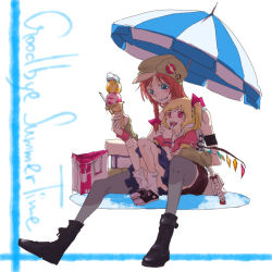 Rule 34 | 2girls, alternate costume, aqua eyes, bad id, bad pixiv id, blonde hair, boots, braid, casual, contemporary, embodiment of scarlet devil, english text, female focus, flandre scarlet, food, hat, hong meiling, ice cream, ice cream cone, multiple girls, open mouth, orange hair, parasol, red eyes, satou, shoes, sitting, sneakers, touhou, umbrella, white background