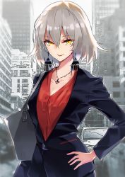 Rule 34 | 1girl, alternate costume, bag, black jacket, blonde hair, building, car, city, collarbone, earrings, fate/apocrypha, fate (series), grey hair, hand on own hip, highres, jacket, jeanne d&#039;arc (fate), jeanne d&#039;arc alter (avenger) (fate), jeanne d&#039;arc alter (fate), jewelry, long sleeves, monochrome background, motor vehicle, necklace, outdoors, parted lips, pendant, red shirt, shirt, short hair, shoulder bag, smile, solo, tsurukame, upper body, v-neck