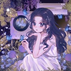 Rule 34 | 1girl, animification, black eyes, black hair, blush, collarbone, dress, flower, hair behind ear, highres, k-pop, kyujin (nmixx), leaf, looking at viewer, nmixx, o bianyi didi shu o, parted lips, party o&#039;clock (nmixx), phonograph, purple flower, real life, sitting, solo, song name, turntable, white dress, window (computing)