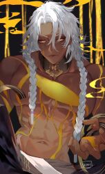 Rule 34 | 1boy, abs, bare pectorals, black choker, braid, choker, closed mouth, commentary, covered erect nipples, dark skin, english commentary, hair between eyes, highres, honkai: star rail, honkai (series), long hair, looking at viewer, male focus, muscular, nanook (honkai: star rail), navel, open hand, pectorals, shei99, signature, solo, topless male, white hair, yellow eyes, yellow theme