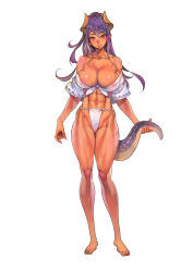 Rule 34 | 1girl, abs, areola slip, blush, body blush, bow, breasts, cameltoe, cleavage, collarbone, dragon girl, dragon tail, f.s., feet, highres, horns, large breasts, long hair, looking at viewer, monster girl, nose blush, original, purple hair, red eyes, scar, solo, tail, tan, toned