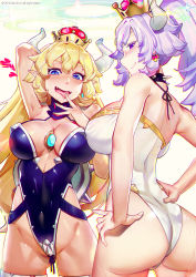 Rule 34 | 2girls, alternate color, alternate costume, alternate hairstyle, arm behind head, arm up, armpits, artist name, ass, back, bare shoulders, blonde hair, blue eyes, blue leotard, blue ribbon, blush, bowsette, bowsette (cosplay), breasts, chromatic aberration, cleavage, closed mouth, collar, colored eyelashes, commentary, cosplay, covered erect nipples, covered navel, cowboy shot, crotch plate, dan evan, dated, earrings, fangs, fingernails, from side, gem, gluteal fold, groin, hair between eyes, hair down, hair up, hairband, halterneck, hand to own mouth, hands on own hips, heart, heart earrings, high ponytail, highleg, highleg leotard, highres, hip focus, horns, jewelry, large breasts, leotard, light purple hair, light smile, long fingernails, long hair, looking at viewer, luigi&#039;s mansion, mario (series), multiple girls, naughty face, new super mario bros. u deluxe, nintendo, open mouth, parted bangs, pointy ears, ponytail, princess king boo, profile, purple eyes, purple hair, revision, ribbon, sideboob, sideways mouth, simple background, smile, sparkle, spiked collar, spiked shell, spikes, spoken heart, standing, super crown, symbol-only commentary, tongue, tongue out, turtle shell, turtleneck, very long hair, watermark, wavy hair, white background, white leotard