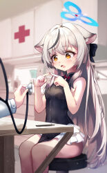 Rule 34 | 1girl, 1other, absurdres, animal ears, bare arms, bare shoulders, black dress, black hair, blue archive, blush, commentary, cross, crying, crying with eyes open, dress, geomdaeng, halo, highres, indoors, infirmary, kokona (blue archive), long hair, multicolored hair, open mouth, orange eyes, pencil, red cross, sitting, sleeveless, sleeveless dress, solo focus, stethoscope, stool, streaked hair, table, tareme, tears, tiger ears, two-tone hair, white hair