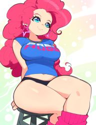 Rule 34 | 1girl, aetherion, big hair, black panties, blue eyes, blue shirt, breasts, closed mouth, clothes writing, earrings, english text, feet out of frame, free hugs, highres, jewelry, large breasts, leg warmers, long hair, midriff peek, my little pony, navel, necklace, panties, personification, photo-referenced, pink footwear, pink hair, pink socks, pinkie pie, shirt, sitting, smile, socks, star (symbol), star earrings, stool, thick thighs, thighs, underwear