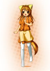 Rule 34 | 1girl, animal ears, apron, brown hair, dog ears, dog tail, flat chest, japanese clothes, kimono, long hair, minaha (playjoe2005), open mouth, original, short sleeves, smile, solo, tail, thighhighs, white thighhighs
