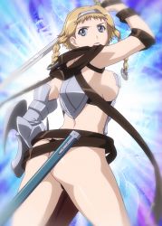 Rule 34 | 1girl, absurdres, armor, ass, back, bad anatomy, bikini armor, blonde hair, blue eyes, breasts, highres, large breasts, leina (queen&#039;s blade), panties, queen&#039;s blade, shield, solo, sword, thong, underwear, weapon