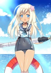 Rule 34 | 10s, 1girl, :d, arms behind back, blonde hair, blue eyes, covered navel, crop top, flower, hair flower, hair ornament, kantai collection, lifebuoy, long hair, one-piece swimsuit, open mouth, ringo sui, ro-500 (kancolle), sailor collar, school swimsuit, smile, swim ring, swimsuit, swimsuit under clothes, tan, tanline, thigh gap, torpedo