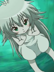 Rule 34 | 00s, 1girl, awa, barefoot, clenched hands, dress, green eyes, jaggy lines, knees up, kusano, long hair, looking at viewer, lowres, oekaki, sekirei, silver hair, sleeveless, sleeveless dress, solo, toes, very long hair, white dress