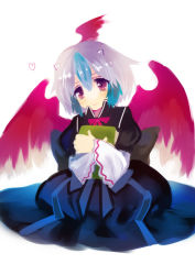 Rule 34 | 1girl, blue hair, blush, book, hugging book, female focus, head wings, holding, holding book, hugging object, multicolored hair, red eyes, short hair, silver hair, skirt, smile, solo, tokiko (touhou), touhou, two-tone hair, wings, yutsuka (amyucca)