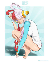 Rule 34 | 1girl, ass, bare legs, bare shoulders, barefoot, border, breasts, dress, fetal position, full body, hair over one eye, headphones, highres, hiyozuki, idol, large breasts, logo, long hair, long sleeves, looking at viewer, looking to the side, multicolored hair, one piece, one piece film: red, purple eyes, red hair, smile, solo, two-tone hair, uta (one piece), very long hair, white background, white border, white dress, white hair, wide hips