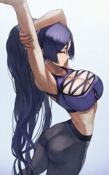 Rule 34 | 1girl, alternate costume, armpits, arms up, ass, black pants, breasts, cleavage, fate/grand order, fate (series), high ponytail, highres, large breasts, long hair, looking to the side, minamoto no raikou (fate), pants, purple eyes, purple hair, purple sports bra, sidelocks, solo, sports bra, stretching, very long hair, white background, yasu (segawahiroyasu), yoga pants