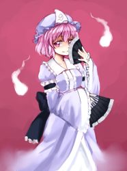 Rule 34 | 1girl, dual wielding, hand fan, fan over face, female focus, frills, hitodama, holding, japanese clothes, pas (paxiti), pink eyes, pink hair, saigyouji yuyuko, short hair, smile, solo, touhou, triangular headpiece, wide sleeves