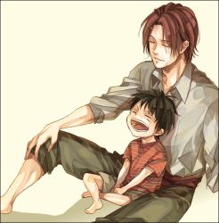 Rule 34 | 2boys, age difference, aged down, amputee, bad id, bad pixiv id, barefoot, black hair, capri pants, child, east blue, male focus, mcr, monkey d. luffy, multiple boys, one piece, pants, red hair, sash, scar, shanks (one piece), shirt, shorts, smile, striped clothes, striped shirt, white shirt