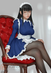 Rule 34 | 1girl, ariverkao, black hair, black pantyhose, blurry, blurry background, brown eyes, chair, crossed legs, dated, frills, glasses, highres, lips, long hair, looking at viewer, maid, maid headdress, original, pantyhose, patreon logo, signature, sitting, solo