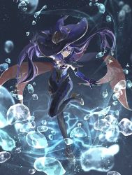 Rule 34 | 1girl, black gloves, black pantyhose, canop s, floating, genshin impact, gloves, hat, high heels, highres, mona (genshin impact), pantyhose, purple hair, solo, witch hat