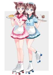 Rule 34 | 2girls, :d, :q, apron, arch lapin, blue dress, blue eyes, brown hair, character name, commentary, cross-laced footwear, cursive, double horizontal stripe, dress, food, frilled apron, frilled dress, frills, full body, glass, grey background, highres, holding, holding tray, ice cream, in-franchise crossover, looking at viewer, magic kaito, maid headdress, meitantei conan, messy hair, mouri ran, multiple girls, nakamori aoko, open mouth, outside border, pie, pink dress, purple eyes, roller skates, in-franchise crossover, short dress, short sleeves, side-by-side, skates, smile, socks, spoon, standing, standing on one leg, sundae, tongue, tongue out, tray, waist apron, waitress, white apron, white footwear, white legwear