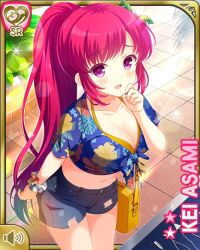 Rule 34 | 1girl, :d, asami kei, bare arms, beach, blue shirt, breasts, card (medium), character name, cleavage, day, denim, denim shorts, flower, girlfriend (kari), hair flower, hair ornament, hand by own face, large breasts, medium breasts, official art, one eye closed, open mouth, outdoors, pink eyes, pink hair, ponytail, qp:flapper, shirt, shorts, smile, sparkle, tagme, tied shirt, tropical