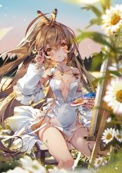 Rule 34 | 1girl, ahoge, apron, art brush, bare shoulders, bodypaint, breasts, breasts apart, brown eyes, brown hair, canvas (object), chamomile, choker, collarbone, crossed bangs, daisy, easel, flower, hieihirai, highres, holding, holding paintbrush, hololive, hololive english, long hair, medium breasts, multicolored hair, naked apron, nanashi mumei, outdoors, paint on body, paintbrush, painting (action), palette (object), revealing clothes, side slit, solo, thighs, virtual youtuber, white choker, white flower