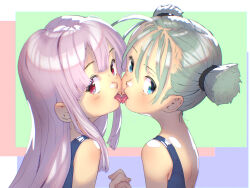 2girls blue_eyes blue_one-piece_swimsuit cheek-to-cheek female_focus french_kiss grey_hair heads_together highres kiss long_hair looking_at_viewer marble_(toy) multiple_girls nape one-piece_swimsuit original paid_reward_available portrait purple_hair red_eyes short_hair sleeveless soon_(c-u-soon) swimsuit tongue tongue_out two_side_up variant_set