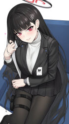 Rule 34 | 1girl, absurdres, black hair, black pantyhose, black suit, blue archive, commentary request, formal, from above, hair ornament, hairclip, halo, heart, highres, holding, holding tablet pc, holster, holstered, id card, ildy, long hair, looking at viewer, pantyhose, pouch, red eyes, rio (blue archive), sitting, solo, suit, sweater, tablet pc, thigh holster, thigh pouch, turtleneck, turtleneck sweater, very long hair, watch, white sweater, wristwatch