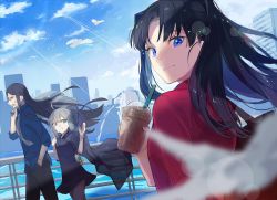 Rule 34 | 1boy, 2girls, black hair, blue eyes, coffee, fate/stay night, fate (series), gray (fate), green eyes, green hair, long hair, long sleeves, lord el-melloi ii, lord el-melloi ii case files, multiple girls, oyakoricell, pantyhose, sky, smile, the adventures of lord el-melloi ii, tohsaka rin, twintails, two side up, waver velvet