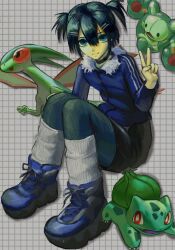 Rule 34 | 1girl, black choker, black skirt, blue eyes, blue footwear, blue hair, blue sweater, boots, bulbasaur, choker, closed mouth, colored skin, creature, creatures (company), dragon, floating, flygon, full body, fur-trimmed sweater, fur trim, game freak, gen 1 pokemon, gen 3 pokemon, gen 5 pokemon, green pantyhose, green skin, green wings, grey background, grid background, hair between eyes, hair ornament, hairclip, highres, knees up, leg warmers, light smile, llchimera, long sleeves, looking at viewer, medium hair, nintendo, original, pantyhose, parted bangs, pokemon, pokemon (creature), reuniclus, shadow, sitting, skirt, solo focus, sweater, grid background, two side up, v, white leg warmers, wings