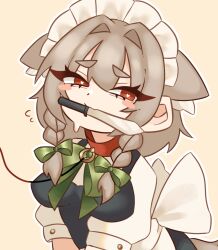 Rule 34 | animal ears, back bow, blush stickers, bow, braid, breasts, collar, dog ears, dog girl, extra ears, grey hair, hair bow, heart, heart-shaped pupils, highres, izayoi sakuya, knife in mouth, leash, looking to the side, magical 495, maid headdress, mouth hold, red eyes, short sleeves, side braids, solo, sweat, symbol-shaped pupils, tail, thick eyebrows, touhou