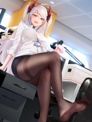 1girl, absurdres, alternate costume, antenna hair, asuo, azur lane, bangs, between breasts, black bra, black legwear, black skirt, bra, bra through clothes, breasts, chair, collared shirt, day, desk, drawer, dress shirt, eyebrows visible through hair, feet, headgear, highres, indoors, lamp, lanyard, large breasts, legs crossed, long hair, looking at viewer, multicolored hair, name tag, no shoes, office, office chair, office lady, open mouth, pantyhose, pointing, prinz eugen (azur lane), red eyes, red hair, shirt, silver hair, skirt, sleeves rolled up, soles, solo, streaked hair, thighband pantyhose, thighs, toes, two side up, underwear, very long hair, white shirt, window