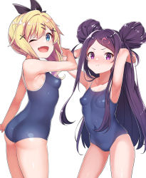 Rule 34 | 1girl, :t, armpits, arms up, ass, bare arms, bare legs, bare shoulders, blonde hair, blue eyes, blue one-piece swimsuit, blush, breasts, closed mouth, competition school swimsuit, cowboy shot, double bun, fang, from side, hair bun, hair ornament, heart, heart hair ornament, highres, konnyaku (kk-monmon), long hair, looking at viewer, nose blush, nukui hayu, ochikobore fruit tart, one-piece swimsuit, one eye closed, open mouth, pout, purple eyes, purple hair, school swimsuit, sekino roko, sidelocks, simple background, skindentation, small breasts, smile, solo, swimsuit, white background, x hair ornament