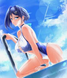 Rule 34 | 1girl, absurdres, bikini, blue eyes, blue hair, bracelet, day, hair intakes, highres, hololive, hololive english, jewelry, looking at viewer, o-ring, o-ring bikini, ouro kronii, pool, short hair, solo, sunlight, swimsuit, the raineman, virtual youtuber, water, wet
