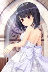 Rule 34 | 1girl, alternative girls, bare shoulders, black hair, blush, dress, highres, indoors, jewelry, official art, onitsuka chiho, parted lips, red eyes, ring, short hair, tiara, wedding dress, white dress