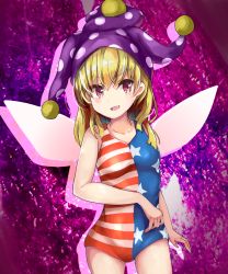 Rule 34 | 1860 (ichi), 1girl, alternate costume, american flag swimsuit, arm up, blonde hair, breasts, clownpiece, collarbone, contrapposto, cowboy shot, drop shadow, fairy wings, fang, hair between eyes, hat, highres, jester cap, looking at viewer, one-piece swimsuit, open mouth, purple background, red eyes, short hair, small breasts, solo, standing, swimsuit, touhou, wings