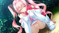 Rule 34 | 1girl, blush, censored, chuablesoft, embarrassed, closed eyes, game cg, garter straps, highres, kunai uri, legs, long hair, mosaic censoring, noblesse of rouge, panties, panty pull, pink hair, pussy, solo, squatting, susakuooji hotoha, thighhighs, thighs, twintails, underwear, white panties