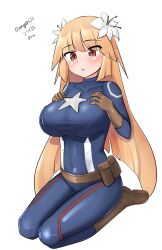 Rule 34 | 1girl, absurdres, belt pouch, blonde hair, blue bodysuit, bodysuit, boots, breasts, brooklyn (kancolle), brown footwear, brown gloves, captain america, captain america (cosplay), cosplay, dated, flower, full body, gloves, hair flower, hair ornament, hands on own chest, highres, kantai collection, large breasts, maru (marg0613), marvel, one-hour drawing challenge, pouch, red eyes, simple background, sitting, solo, star (symbol), superhero costume, twitter username, wariza, white background