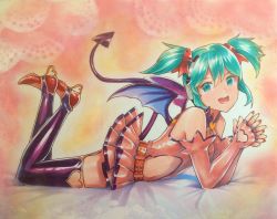 Rule 34 | 1girl, clothing cutout, commentary, demon tail, demon wings, dress, elbow gloves, feet up, fingerless gloves, gloves, hair ribbon, hatsune miku, heart cutout, heart hunter (module), highres, layered skirt, lying, mayo riyo, miniskirt, nail polish, on stomach, open mouth, own hands together, pink dress, pink skirt, pleated skirt, red nails, ribbon, short hair, skirt, smile, solo, symbol-only commentary, tail, thighhighs, traditional media, twintails, vocaloid, wings