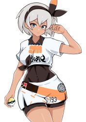 Rule 34 | 1girl, bea (pokemon), black bodysuit, black hairband, bodysuit, bodysuit under clothes, bow hairband, breasts, closed mouth, collared shirt, commentary request, covered navel, cowboy shot, creatures (company), game freak, grey eyes, grey hair, hairband, hand up, highres, holding, holding poke ball, looking at viewer, medium breasts, nintendo, nobita (nbnobita), poke ball, pokemon, pokemon swsh, print shirt, print shorts, shirt, short hair, short sleeves, shorts, side slit, side slit shorts, solo
