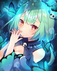 Rule 34 | 1girl, aqua hair, bare shoulders, blonde hair, blurry, blurry foreground, blush, bow, breasts, bug, butterfly, closed mouth, collar, detached sleeves, double bun, dress, frilled collar, frills, hair bow, hair bun, hair ornament, hands up, highres, hololive, insect, juliet sleeves, kakyoxx, long sleeves, looking at viewer, looking to the side, puffy sleeves, purple dress, red eyes, short hair, sidelocks, skull hair ornament, sleeveless, small breasts, solo, upper body, uruha rushia, uruha rushia (1st costume), virtual youtuber